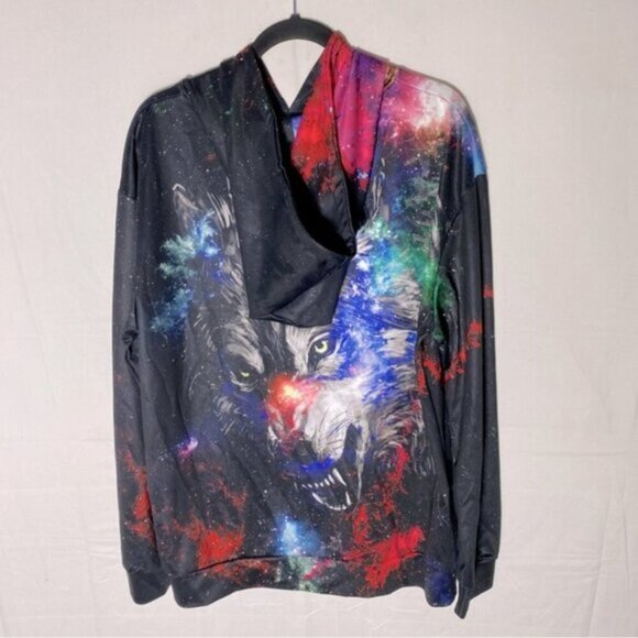 Black Red Multicolour Wolf Galaxy Hoodie XL - Picture 14 of 15